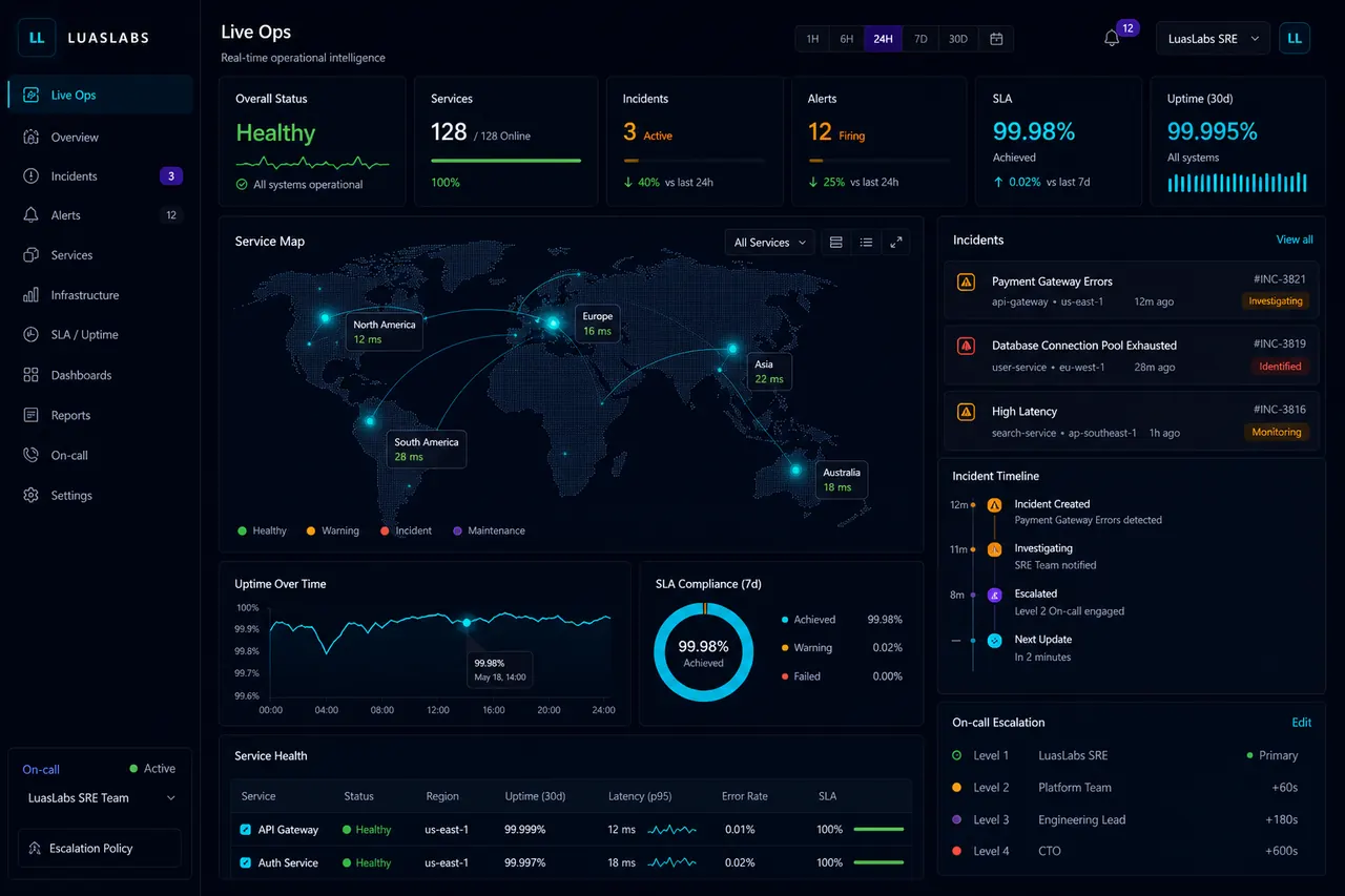 FIRAS operations monitoring dashboard with live incidents, uptime charts, and service map
